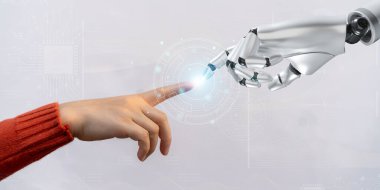 Yapay zeka kavramı, yapay zeka, yapay robot, insan, fikir, gelişme, düşünme, gelecekteki teknoloji dönüşümü, bilim, robot el, insan eli ve robot teknolojisi gelişimi ile bağlantı