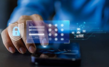 El ile telefon güvenlik taraması koruma kavramı, teknoloji dijital program fütüristik, gizlilik, şifre, siber güvenlik, müşteri bilişim kilidi simgesini korumak için bulut çevrimiçi teknoloji. Güvenlik