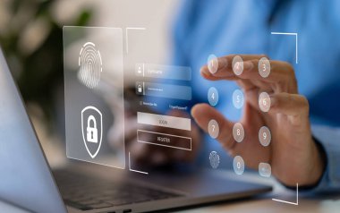 El bilgisayarı güvenlik taraması koruma verileri, teknoloji dijital programı fütüristik, güvenli, gizlilik, şifre, kilit simgesi ve internet, siber güvenlik, kişisel verileri koruma.