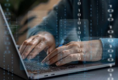 Programcı, internet ağ geliştiricisi, dijital, veri analizcisi, siber uzay, web geliştirme, kodlama, yazılım mühendisi DevOps.AI sohbet robotu üzerinde siber güvenlik teknolojisi tasarım web siteleri kullanan bir dizüstü bilgisayar kullanır.