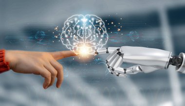 Yapay zeka kavramı, yapay zeka, yapay robot, insan, fikir, gelişme, düşünme, gelecekteki teknoloji dönüşümü, bilim, robot el, insan eli ve robot teknolojisi gelişimi ile bağlantı