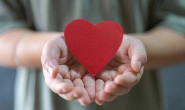 Çocuk elinde kırmızı kalp kağıdı kesiği, sağlık ve sağlık, aşk, kalp krizi, dünya kalp krizi, kardiyovasküler hastalık, doktor, aile, bağış, sigorta ve hastane konsepti