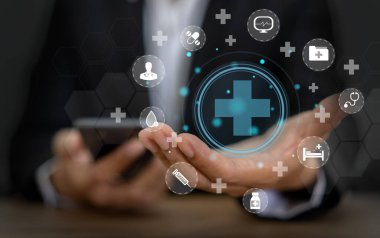 Sağlık sigortası konsepti, İnsan sağlığı sigortası ve sağlık sigortası ikonu, doktor, sağlık ve sağlık hizmetlerine erişim sağlık, hastane, sağlık ve hayat sigortası