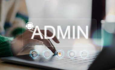 Teknoloji dijital arayüzü olan kadın ADMIN, yönetim, iletişim, müşteri desteği ve veri yönetimi, pazarlama, bilişim yönetimi, ofis görevleri ve destek hizmetleri sözcüğü ile