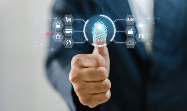 Деловых людей пугают технологией fprint цифровые программы, сканирование пальцев, конфиденциальность, пароли, кибербезопасность, облачные онлайн-технологии для защиты клиентских ИТ-замков.