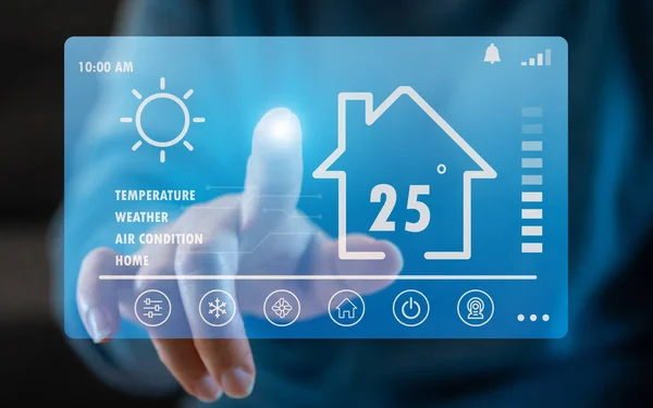 Ev akıllı ev otomasyon kontrol sistemi uygulaması, IOT, bağlı nesne, aygıtlar, yenilik teknolojisi internet ağı, ev, wi-fi, akıllı ev teknolojisi kavramı ile insan teması