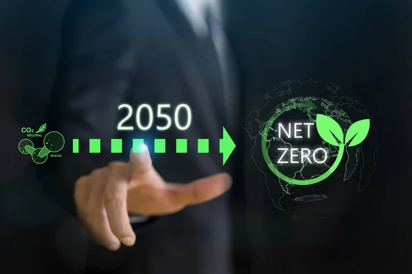 2050 yılı için net sıfır karbon emisyon hedefi olan işadamı noktası, sürdürülebilirlik, çevre sorumluluğu ve karbon ayak izini azaltmak için kurumsal kararlılık, CSR, yenilenebilir enerji, çevre dostu