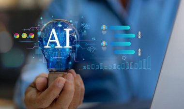 Yapay zeka sohbet robotu ve üretken akıllı sistem, robotik, derin öğrenme ağı, dijital asistan, makine öğrenme, algoritma, yenilik ve veri işleme ile Ai teknoloji kavramı