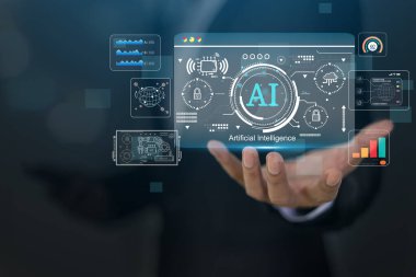 Yapay zeka sohbet robotu ve üretken akıllı sistem, robotik, derin öğrenme ağı, dijital asistan, makine öğrenme, algoritma, yenilik ve veri işleme ile Ai teknoloji kavramı