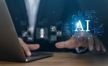 Yapay zeka sohbet robotu ve üretken akıllı sistem, robotik, derin öğrenme ağı, dijital asistan, makine öğrenme, algoritma, yenilik ve veri işleme ile Ai teknoloji kavramı