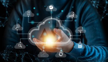 Grafik ve grafik ikonları, bulut teknolojisi, veri depolama, ağ, internet, sunucu hizmetleri, çevrimiçi, büyük veri indirme ve yükleme sistemi ile büyük veri analizleri ve iş zekası kavramı