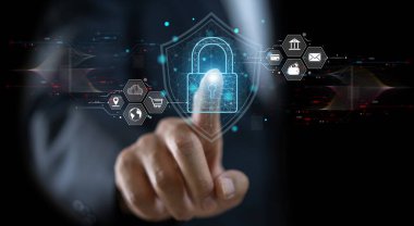 Ekran güvenlik tarayıcı koruması, teknoloji dijital programı fütüristik, parmak tarama, gizlilik, şifre, siber güvenlik, müşteri bilişim kilidi simgesini korumak için bulut çevrimiçi teknolojisi. Güvenlik