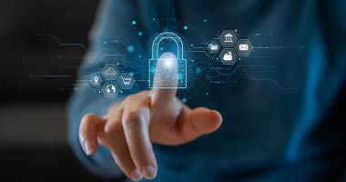 Ekran güvenlik tarayıcı koruması, teknoloji dijital programı fütüristik, parmak tarama, gizlilik, şifre, siber güvenlik, müşteri bilişim kilidi simgesini korumak için bulut çevrimiçi teknolojisi. Güvenlik