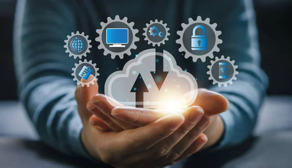 Grafik ve grafik ikonları, bulut teknolojisi, veri depolama, ağ, internet, sunucu hizmetleri, çevrimiçi, büyük veri indirme ve yükleme sistemi ile büyük veri analizleri ve iş zekası kavramı