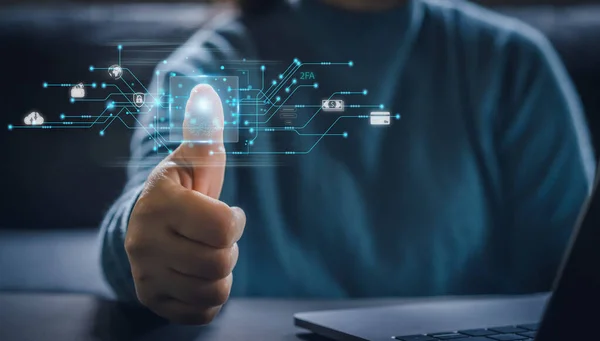 Parmak izi teknolojisi dijital programları ile tarayan iş adamları fütüristik, parmak taraması, gizlilik, şifre, siber güvenlik, müşteri bilişim kilidi simgesini korumak için internet teknolojisi. Güvenlik 