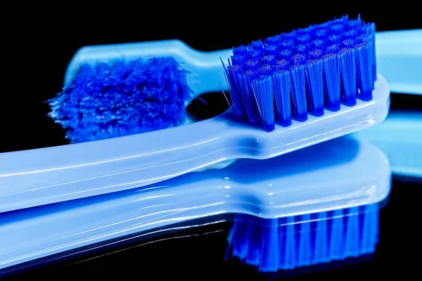 New Used Blue Professional Soft Toothbrushes Lot Bristles Straight Cut — Stock Photo, Image