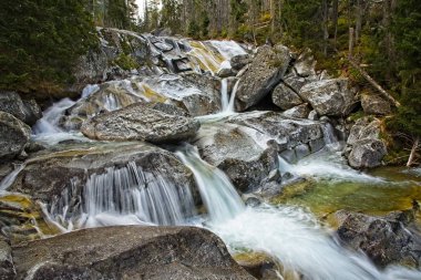 Yüksek Tatras dağlarında soğuk gıcırtısı şelaleler. Yumuşak su yollar uzun şelale.