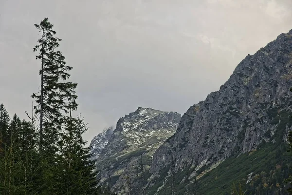 High Tatras mountains peaks in clouds from Hrebienok and Cold Creak valley. Snow covered rocky peaks