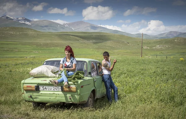 Souhvězdí Berana Arménie Červen 2018 Rodina Svým Vozem Raodside Sbírání — Stock fotografie