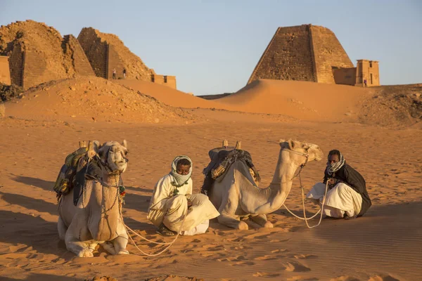 Meroe Pyramiderna Sudan December 2015 Sudanesiska Män Sina Kameler Öken — Stockfoto