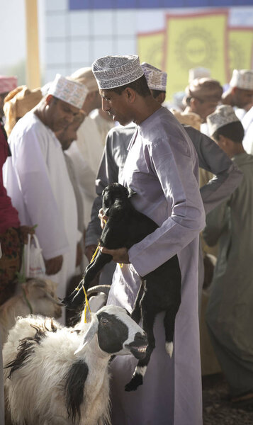 Nizwa, Oman, 21 September 2018: omani men at a market, buying and selling goats at a traditional habta auction