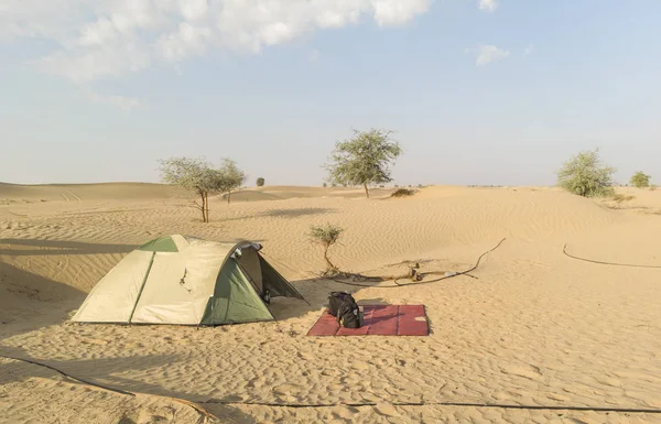 帐篷和袋子在沙漠中的阿拉伯联合酋长国 — 图库照片