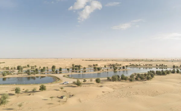 Воздушный Вид Автомобиль Дороге Красивой Пустыне Озером Аль Кудра Деревьями — стоковое фото