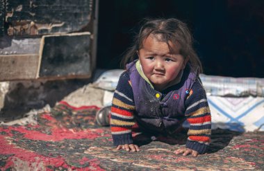 Bayan Ulgii, Moğolistan - 28 Eylül 2015: onu eve kapılarına at oynayan Moğol göçebe çocuk