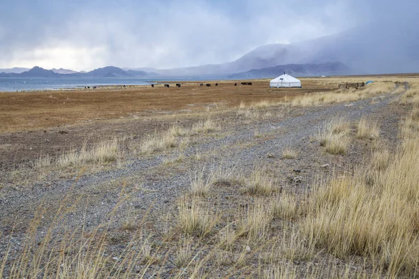 Yurta Paesaggio Mongolia Occidentale Sotto Cielo Nuvoloso — Foto Stock