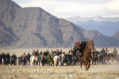 Bayan Ulgii, Moğolistan - 3 Ekim 2015: Moğol göçebe adam ata