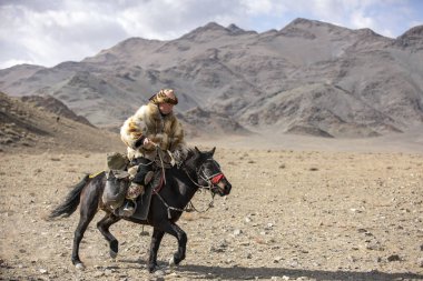 Bayan Ulgii, Moğolistan-4 Ekim 2015: kazak kartal avcısı av yakalamak için kuş eğitim