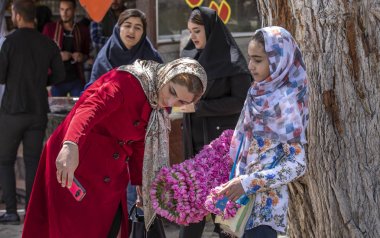 Niasar, İran - 25 Nisan 2019: Çiçekli İranlı genç kız, gül toplama mevsiminde yoldan geçenlere satıyor