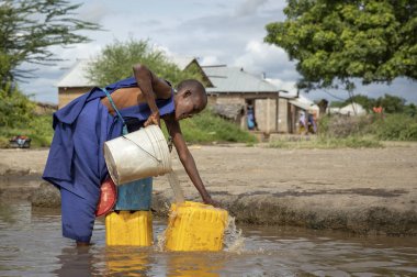 Aynı, Tanzanya, 8 Haziran 2019: Maasai kadınlar çamurlu derede içme suyu topluyor