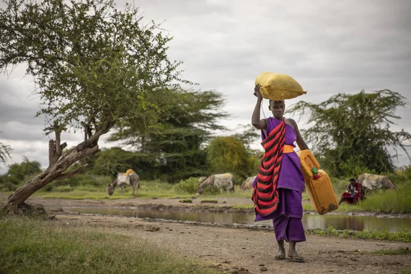 タンザニア 2019年6月8日 マサアイの女性は 彼女の洗濯物を洗い 飲料水を収集するために泥流に到着 — ストック写真