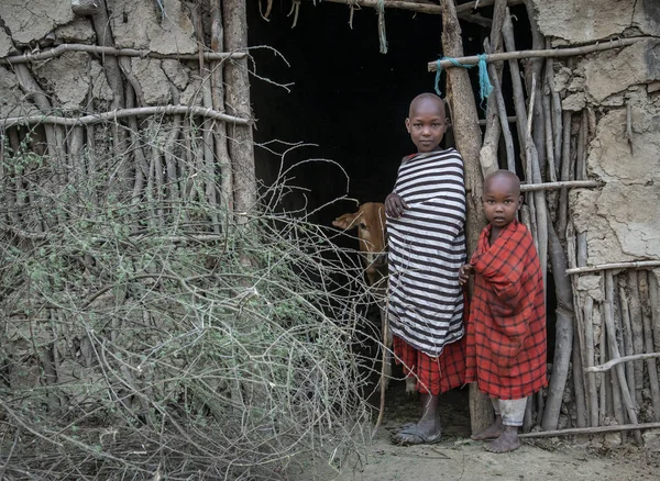 Same Tanzania Juni 2019 Maasai Kinderen Bij Deur Van Hun — Stockfoto