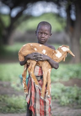 Aynı, Tanzanya - 4 Haziran 2019: bebek keçi ile maasai çocuk