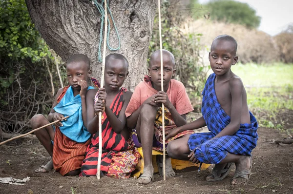 Same Tanzania Juni 2019 Jonge Maasai Jongens Rusten Onder Boom — Stockfoto