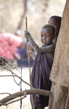 Arusha, Tanzanya, 7 Eylül 2019: maasai çocuk evinde boma