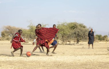 Arusha, Tanzanya, 7 Eylül 2019: Maasai savaşçıları savannah'da futbol oynuyor