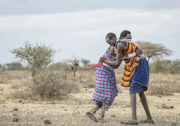 Arusha Tanzânia Setembro 2019 Guerreiros Maasai Lutando Uma Savana — Fotografia de Stock