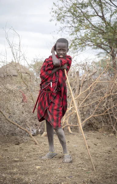 Arusha Tansania September 2019 Der Junge Massai Seinem Roten Outfit — Stockfoto