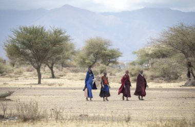 Arusha, Tanzanya, 10 Eylül 2019: Kuzey Tanzanya'da bir manzara içinde maasai bayanlar