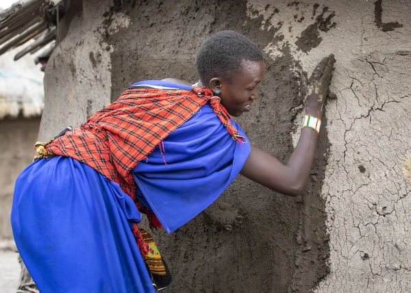 Arusha Tanzanya Eylül 2019 Masai Kadın Evinin Duvarlarını Onarıyor — Stok fotoğraf