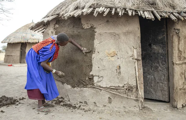 Arusha Tanzania Septiembre 2019 Mujer Maasai Reparando Las Paredes Casa — Foto de Stock