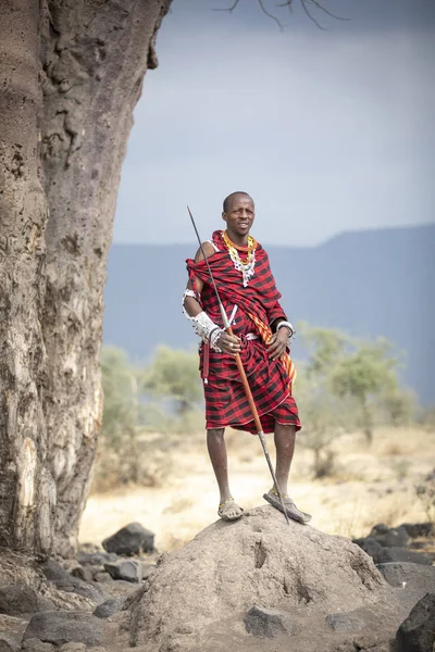 Arusha Tanzania Settembre 2019 Guerriero Maasai Paesaggio Della Savana Della — Foto Stock