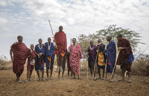 Arusha Tanzánia 2019 Szeptember Maasai Harcosok Ugranak Hogy Lenyűgözzék Hölgyeket — Stock Fotó