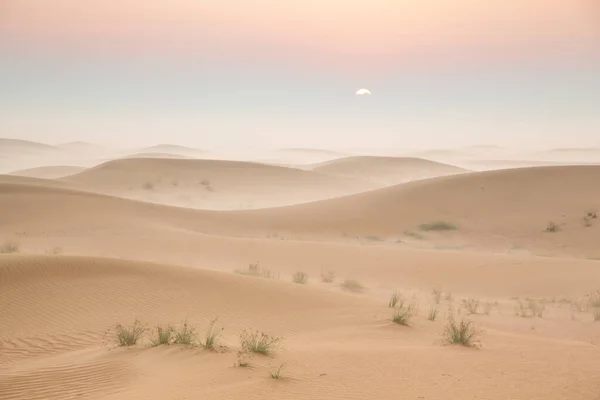在迪拜附近的一个雾蒙蒙的沙漠上日出 — 图库照片
