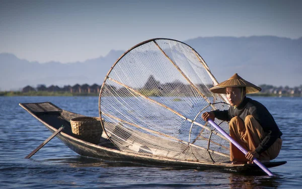 Lago Inle Mianmar Novembro 2014 Lago Inle Pescador Pesca Início — Fotografia de Stock