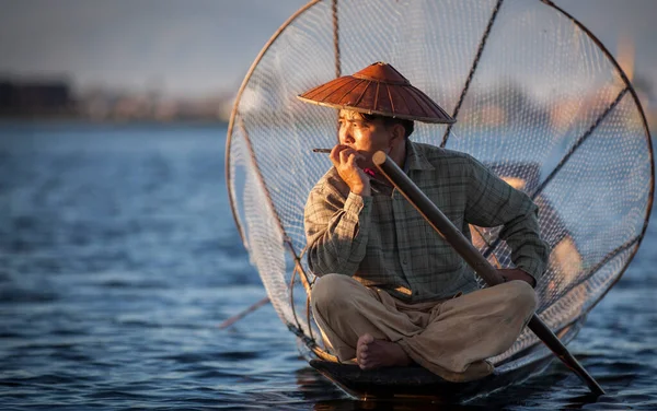 Lago Inle Mianmar Novembro 2014 Lago Inle Pescador Pesca Início — Fotografia de Stock