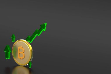 Yeşil oklu 3 boyutlu Bitcoin madeni para ve arka planda yükselen grafik, kripto para birimi büyümesini ve zorba pazar eğilimini sembolize ediyor.